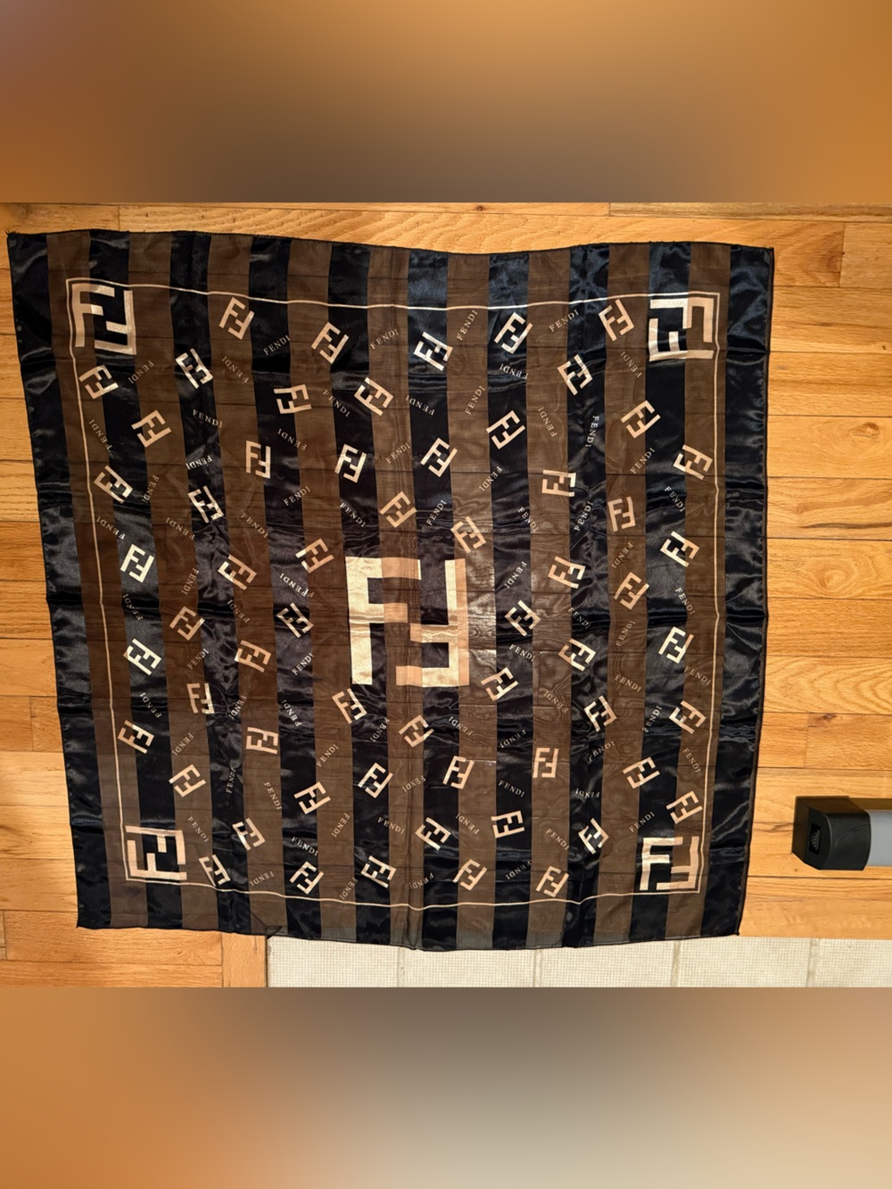 Fendi Black & Beige Signature Logo Silk Scarf